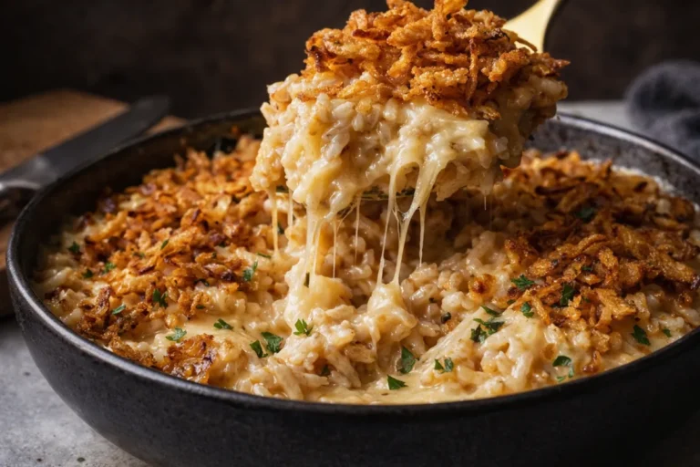 A 9x13 Baking Dish Filled With Creamy French Onion Chicken Rice Topped