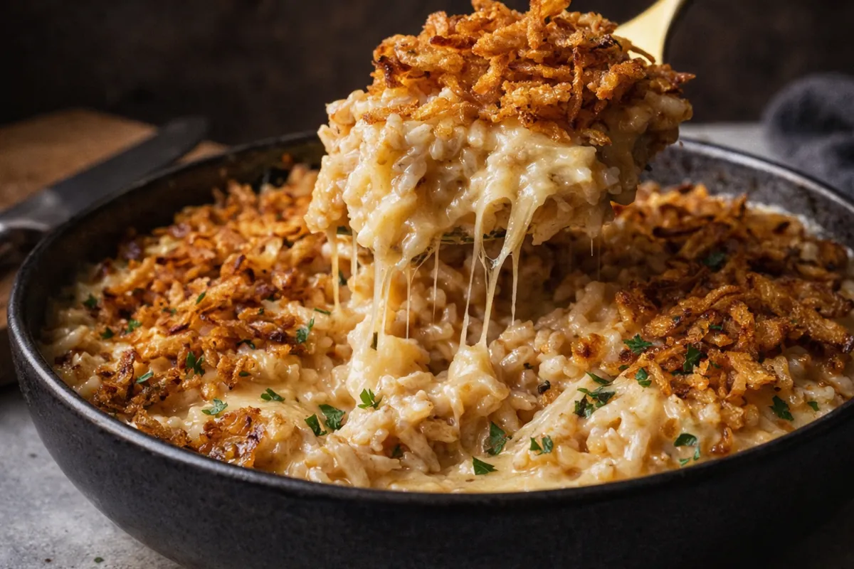 French Onion Chicken Rice: The Ultimate Cozy Weeknight Bake A 9x13 Baking Dish Filled With Creamy French Onion Chicken Rice Topped