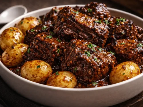 A White Bowl Filled With Tender Garlic Butter Beef Chunks And Gold