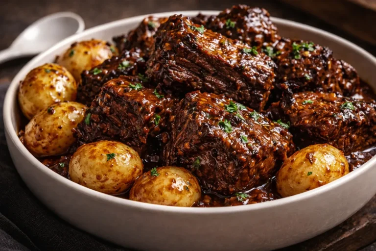 A White Bowl Filled With Tender Garlic Butter Beef Chunks And Gold