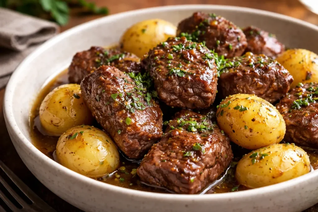 A Close Up Shot Of Garlic Butter Beef Bites And Halved Baby