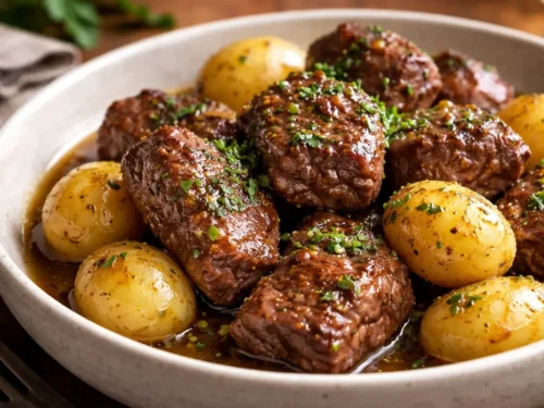 A Close Up Shot Of Garlic Butter Beef Bites And Halved Baby