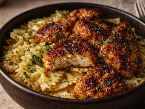 A White Bowl Filled With Garlic Butter Bowtie Chicken Garnished With Fresh