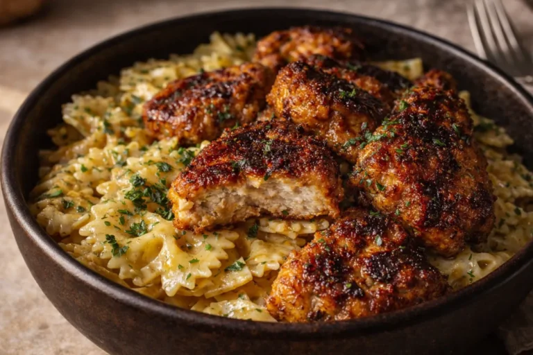 A White Bowl Filled With Garlic Butter Bowtie Chicken Garnished With Fresh