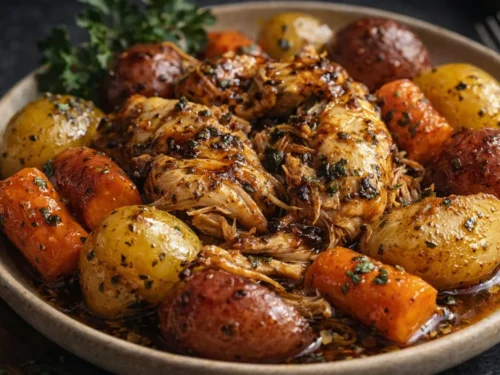 A Close Up Shot Of Garlic Butter Chicken Served With Red Potatoes
