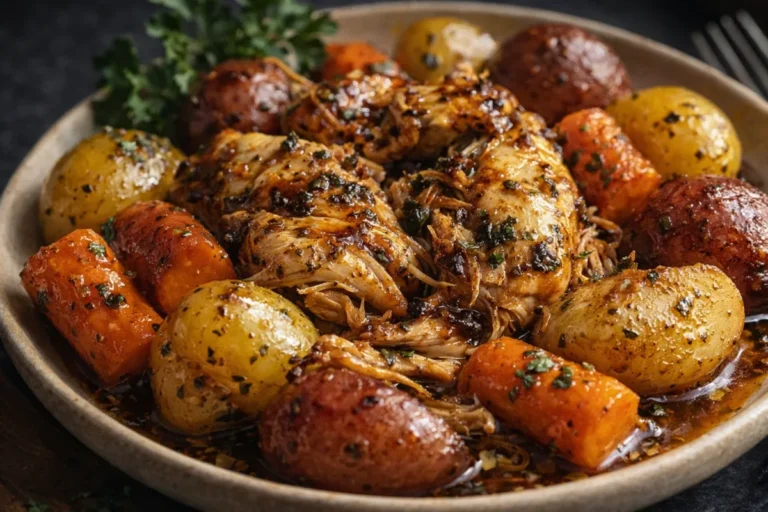 A Close Up Shot Of Garlic Butter Chicken Served With Red Potatoes