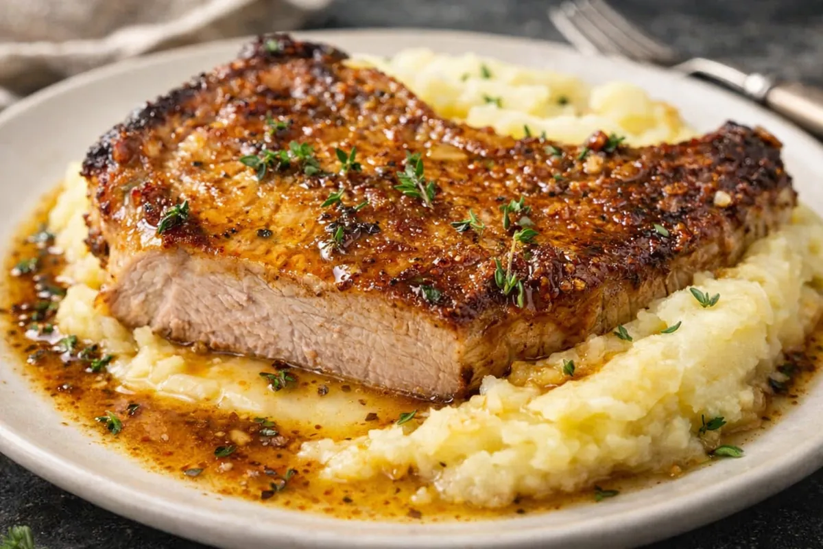 Garlic Butter Pork Chops With A Perfectly Golden Crust A Close Up Of Garlic Butter Pork Chops Sizzling In A Cast