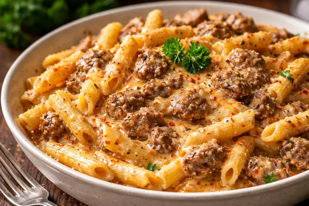 A Skillet Of Garlic Butter Steak Bites Style Creamy Beef Pasta With