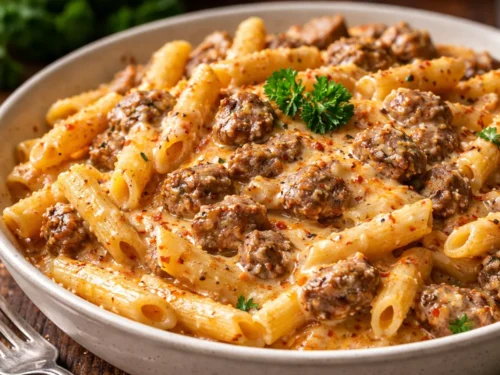 A Skillet Of Garlic Butter Steak Bites Style Creamy Beef Pasta With