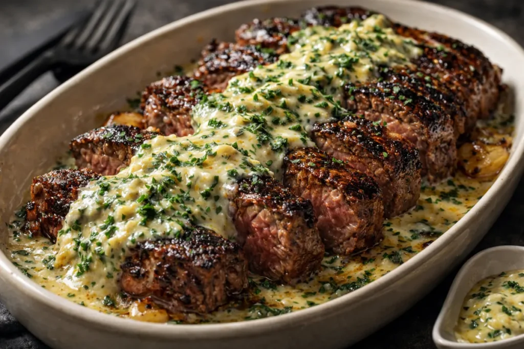 A Juicy Garlic Butter Steak Parmesan Seared In A Skillet And Topped