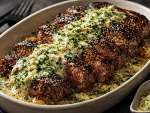 A Juicy Garlic Butter Steak Parmesan Seared In A Skillet And Topped