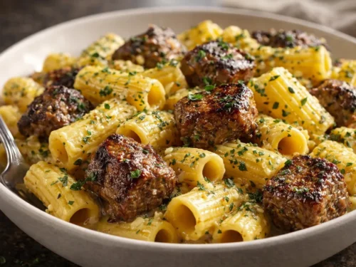 A White Bowl Filled With Garlic Butter Steak Rigatoni Topped With Fresh