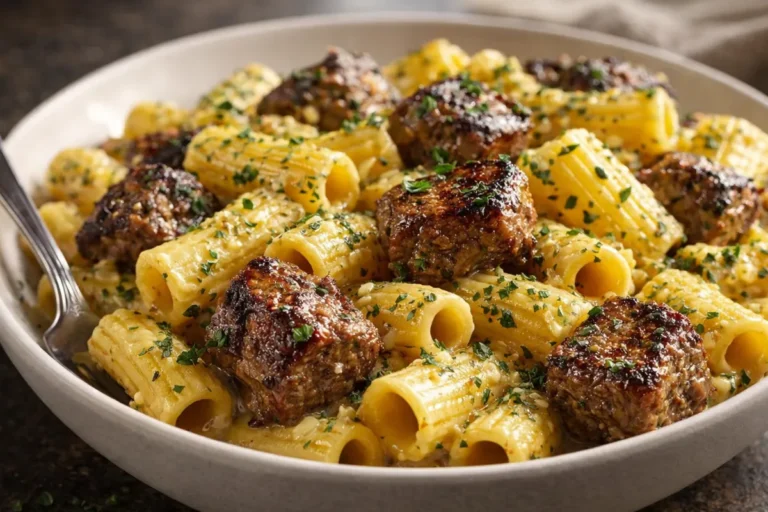 A White Bowl Filled With Garlic Butter Steak Rigatoni Topped With Fresh