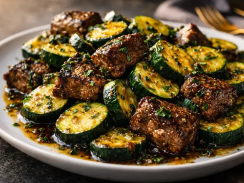 A Cast Iron Skillet Filled With Seared Garlic Butter Steak Zucchini Bites