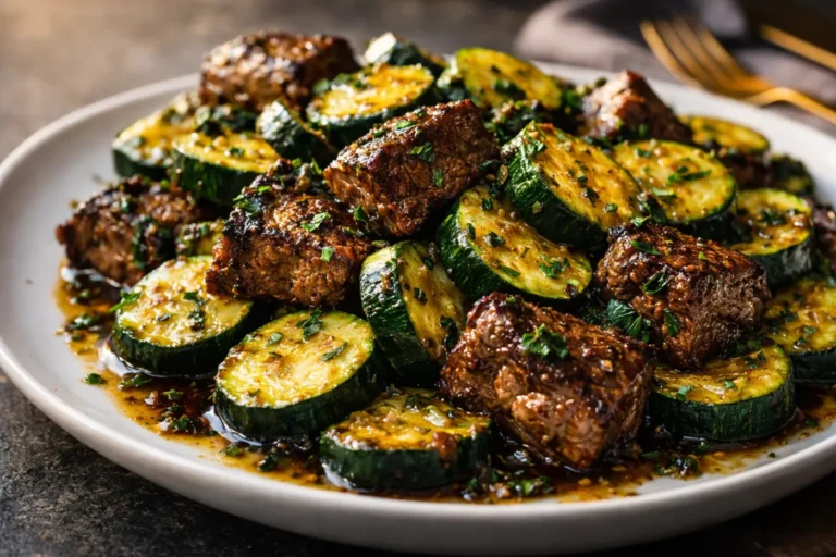 A Cast Iron Skillet Filled With Seared Garlic Butter Steak Zucchini Bites