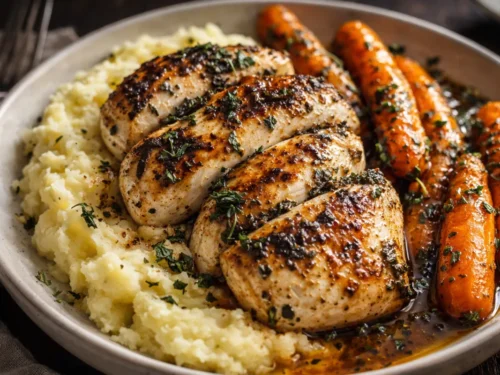 A Plated Garlic Herb Chicken Medley With Creamy Mashed Potatoes And Honey