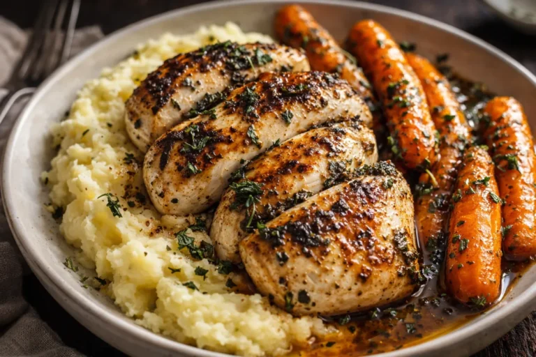 A Plated Garlic Herb Chicken Medley With Creamy Mashed Potatoes And Honey
