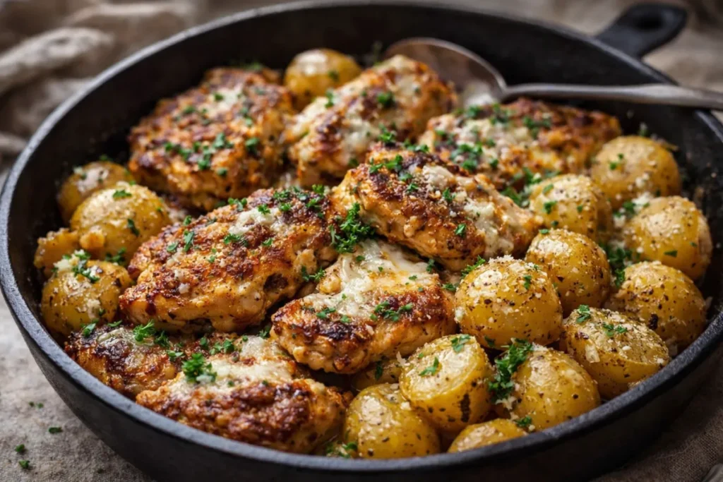 A Sheet Pan Filled With Golden Brown Garlic Parmesan Chicken Potatoes Garnished