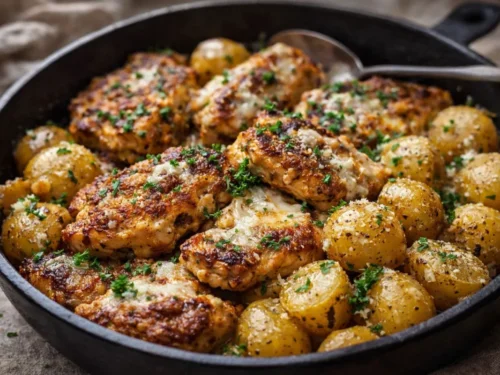 A Sheet Pan Filled With Golden Brown Garlic Parmesan Chicken Potatoes Garnished