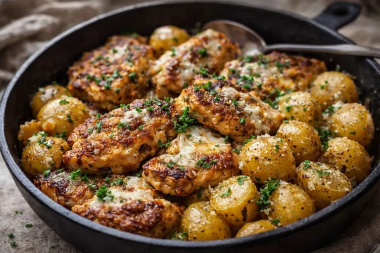 A Sheet Pan Filled With Golden Brown Garlic Parmesan Chicken Potatoes Garnished