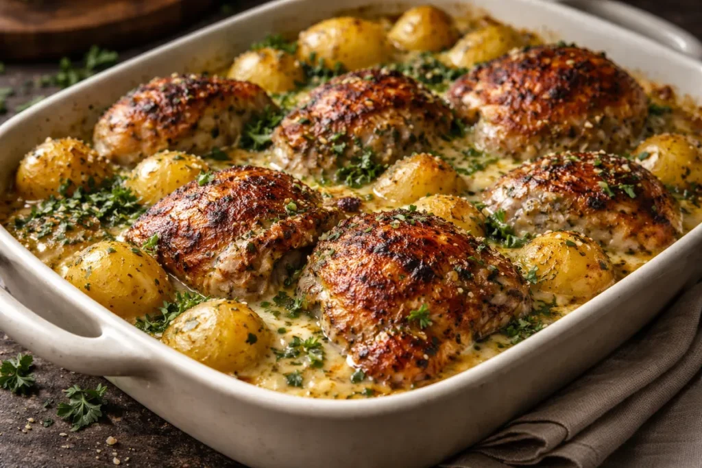 A Golden Baking Dish Filled With Roasted Garlic Parmesan Chicken Potatoes Garnished