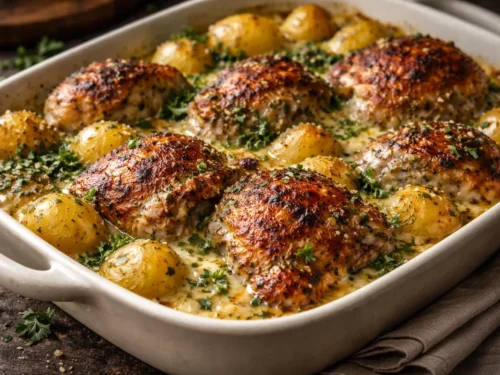 A Golden Baking Dish Filled With Roasted Garlic Parmesan Chicken Potatoes Garnished