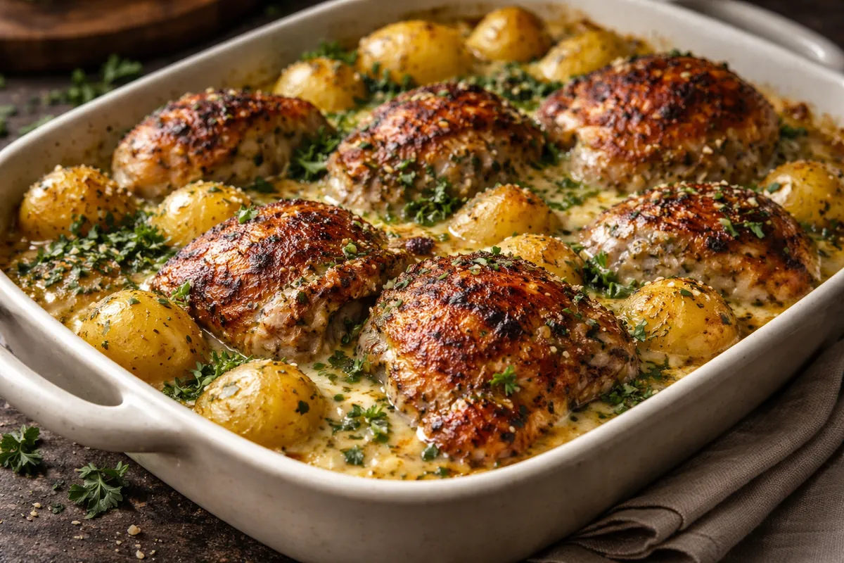 Garlic Parmesan Chicken Potatoes: The Ultimate One-Pan Comfort Meal A Golden Baking Dish Filled With Roasted Garlic Parmesan Chicken Potatoes Garnished