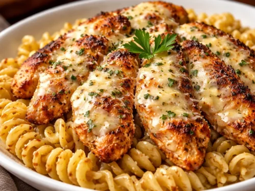 A White Bowl Filled With Creamy Garlic Parmesan Chicken Rotini Topped With
