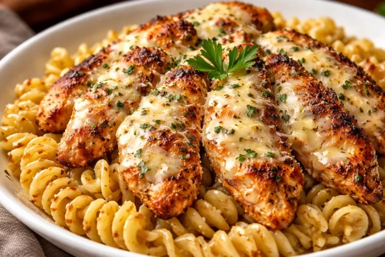 A White Bowl Filled With Creamy Garlic Parmesan Chicken Rotini Topped With