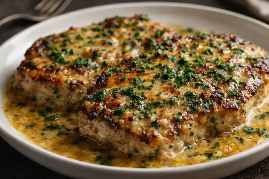 A Skillet Of Seared Garlic Parmesan Pork Chops Smothered In A Creamy