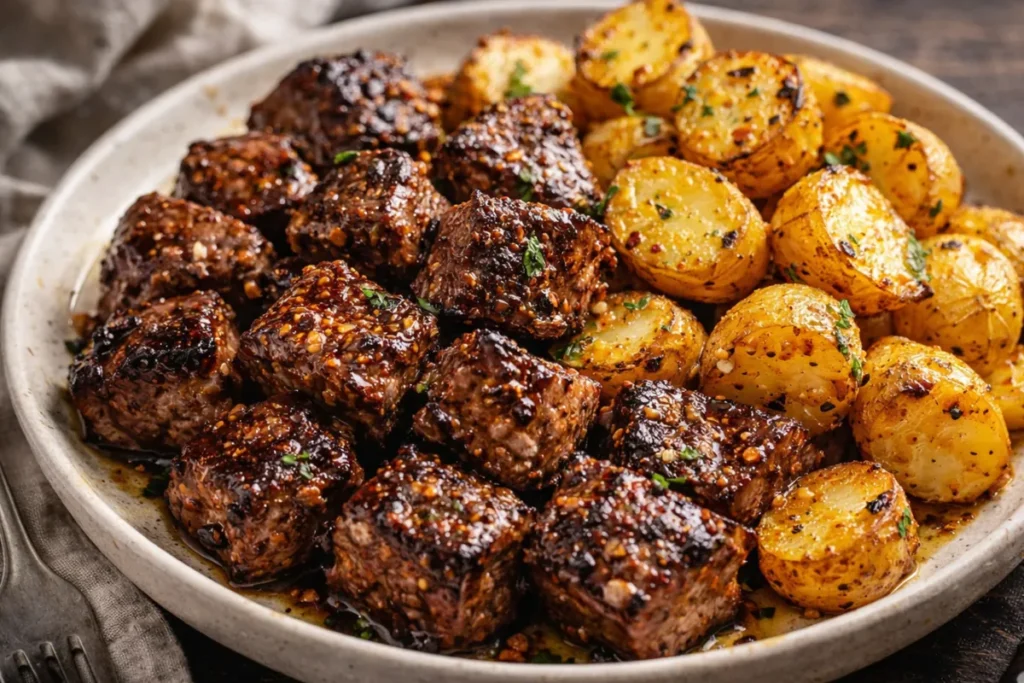 A Cast Iron Skillet Filled With Golden Brown Garlic Steak Bites Potatoes
