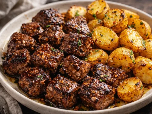 A Cast Iron Skillet Filled With Golden Brown Garlic Steak Bites Potatoes