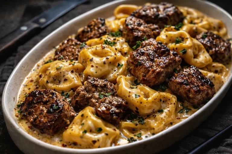 A Skillet Of Garlic Steak Tortellini With Seared Steak Bites And Creamy