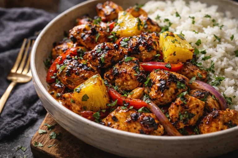 A Colorful Hawaiian Chicken Sheet Pan With Roasted Pineapple, Bell Peppers, And