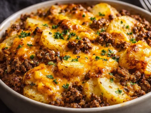 A Steaming Hobo Ground Beef Casserole In A Glass Baking Dish With