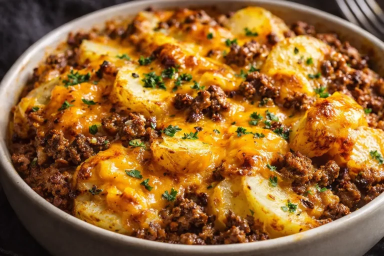 A Steaming Hobo Ground Beef Casserole In A Glass Baking Dish With