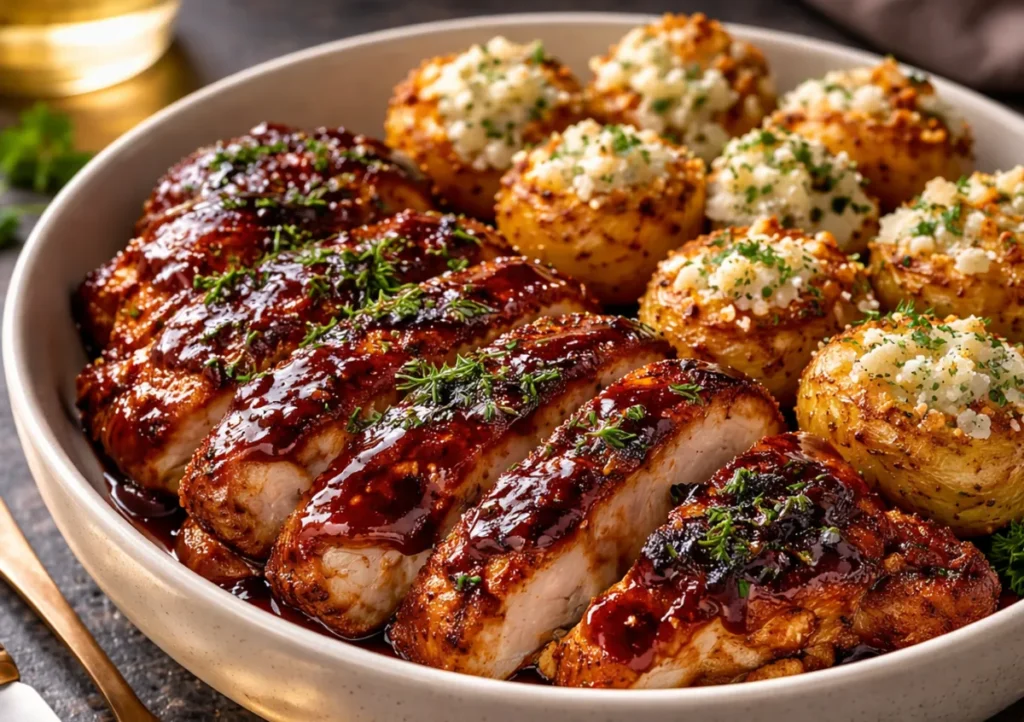 A Skillet Filled With Honey BBQ Chicken Potatoes Topped With Melted Cheddar