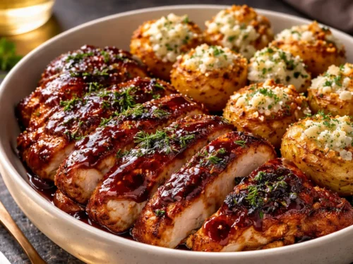 A Skillet Filled With Honey BBQ Chicken Potatoes Topped With Melted Cheddar