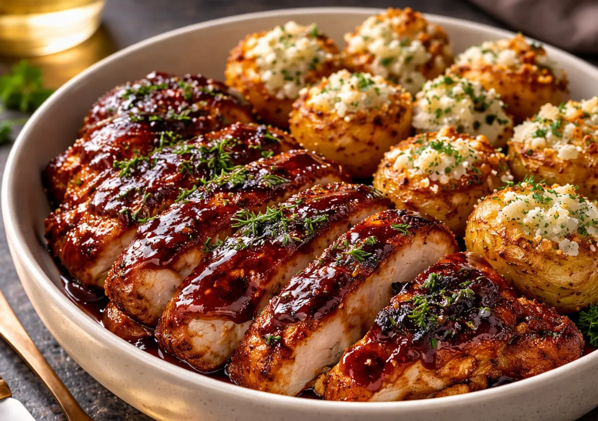 Honey BBQ Chicken Potatoes: The Ultimate One-Pan Comfort Meal A Skillet Filled With Honey BBQ Chicken Potatoes Topped With Melted Cheddar