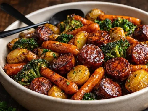 A Sheet Pan Filled With Roasted Honey Garlic Kielbasa Baby Potatoes And