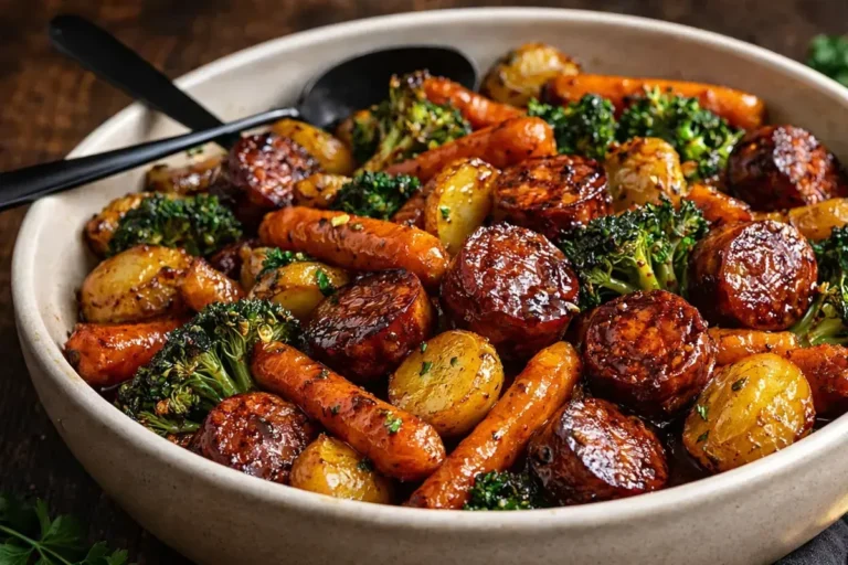 A Sheet Pan Filled With Roasted Honey Garlic Kielbasa Baby Potatoes And