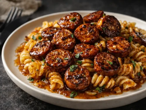 A Skillet Filled With Honey Garlic Sausage Pasta Showing Browned Sausage And