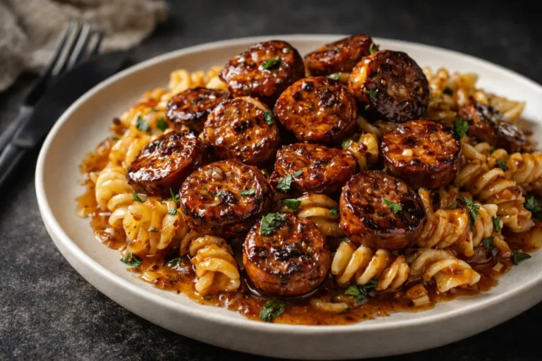 A Skillet Filled With Honey Garlic Sausage Pasta Showing Browned Sausage And