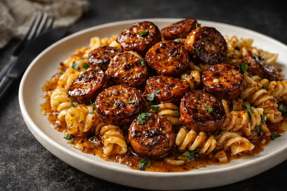 Honey Garlic Sausage Pasta with a Sticky Glaze A Skillet Filled With Honey Garlic Sausage Pasta Showing Browned Sausage And