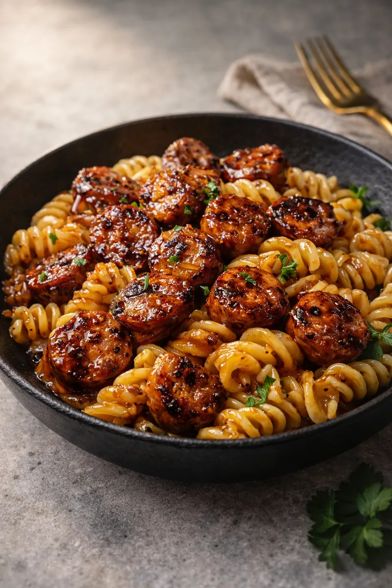 Honey Garlic Sausage Pasta with a Sticky Glaze