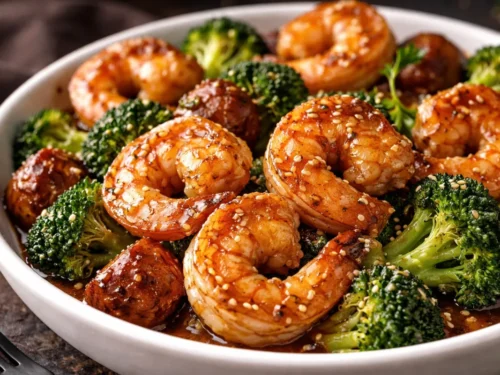 A Skillet Of Honey Garlic Shrimp Garnished With Green Onions And Sesame