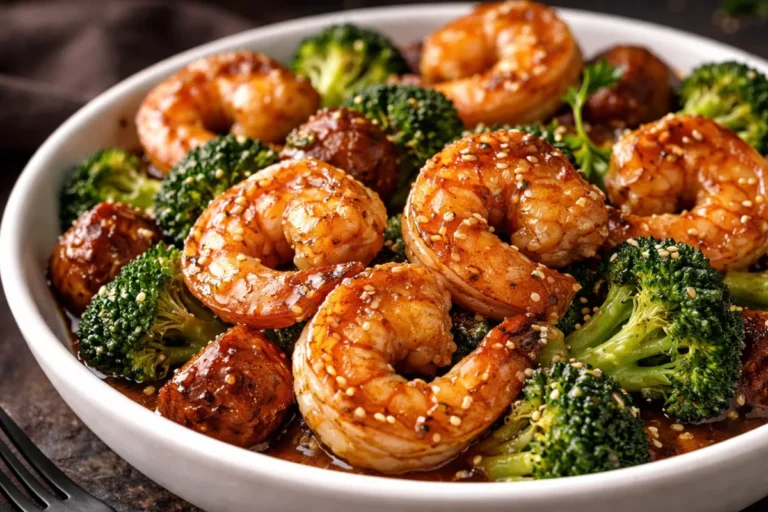 A Skillet Of Honey Garlic Shrimp Garnished With Green Onions And Sesame