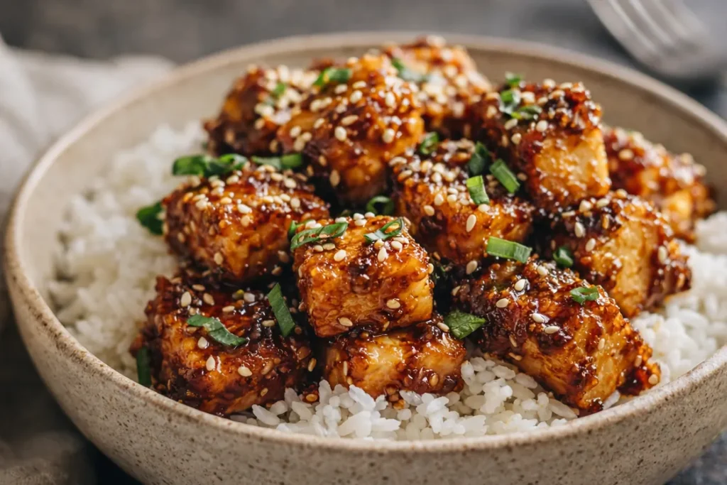 A Plate Of Honey Garlic Tofu Garnished With Green Onions And Sesame