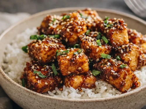 A Plate Of Honey Garlic Tofu Garnished With Green Onions And Sesame