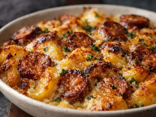 A Golden Brown Kielbasa Cheesy Potato Casserole In A White Baking Dish